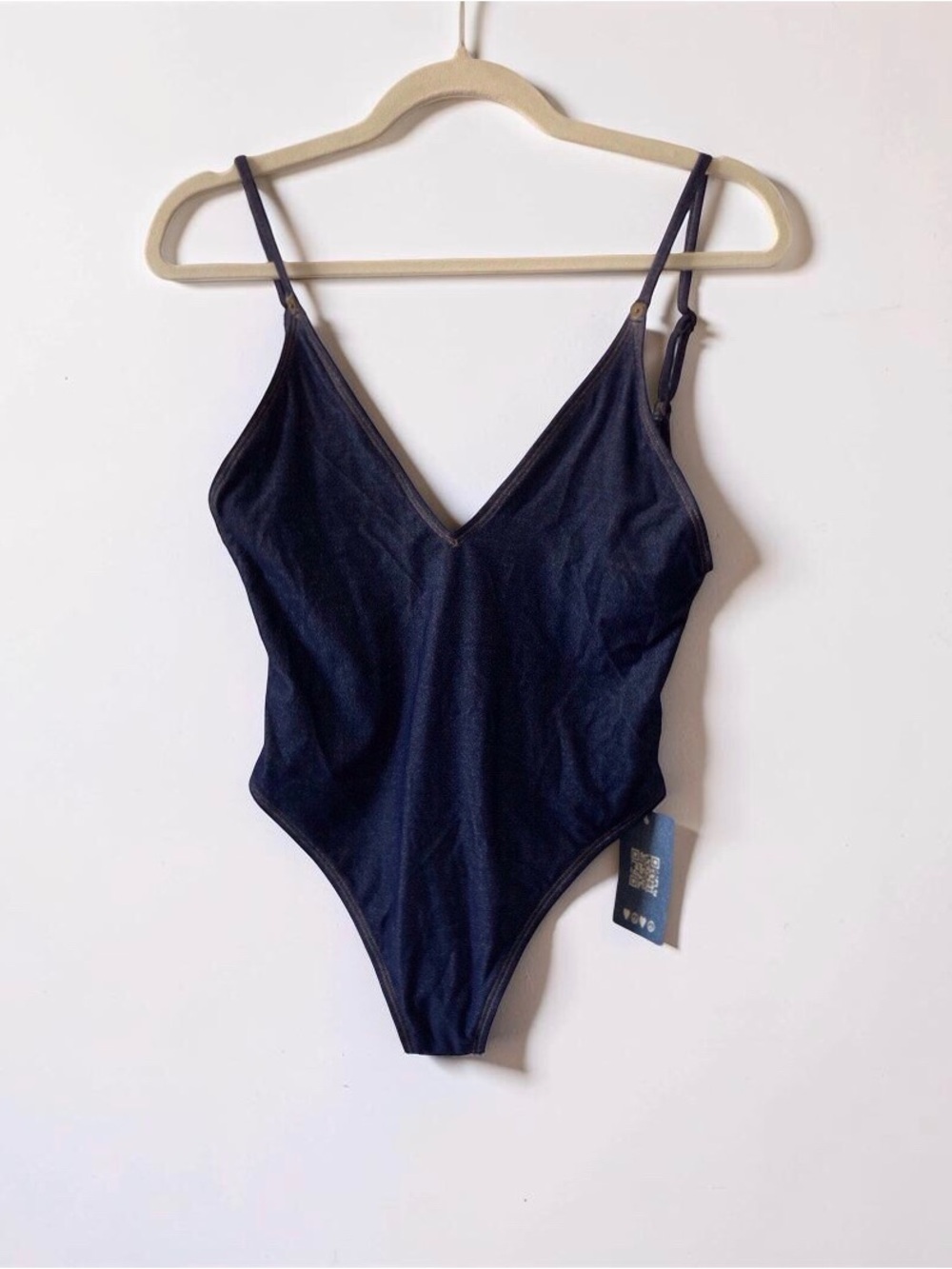 Aerie One Piece Cheeky Denim Look V-Neck Swimsuit Navy NWT Size Small